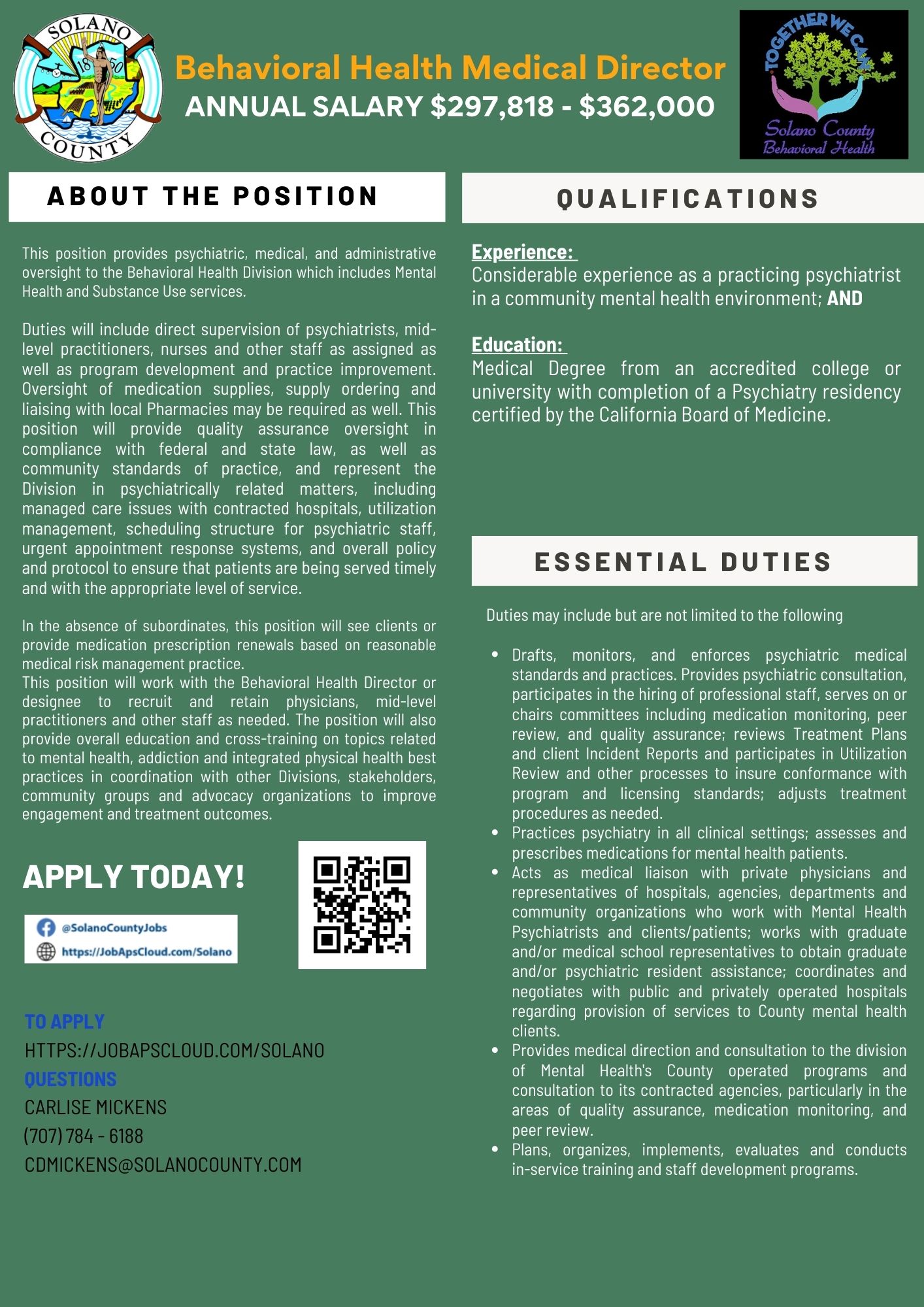 Job Announcement: Behavioral Health Medical Director - County of Solano