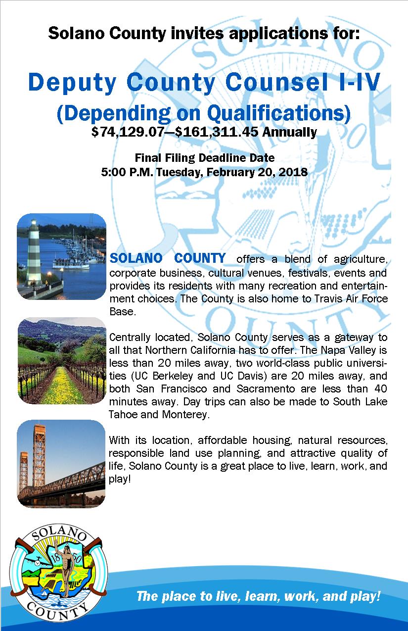 Job Announcement: Deputy County Counsel I-IV (DOQ) - County of Solano
