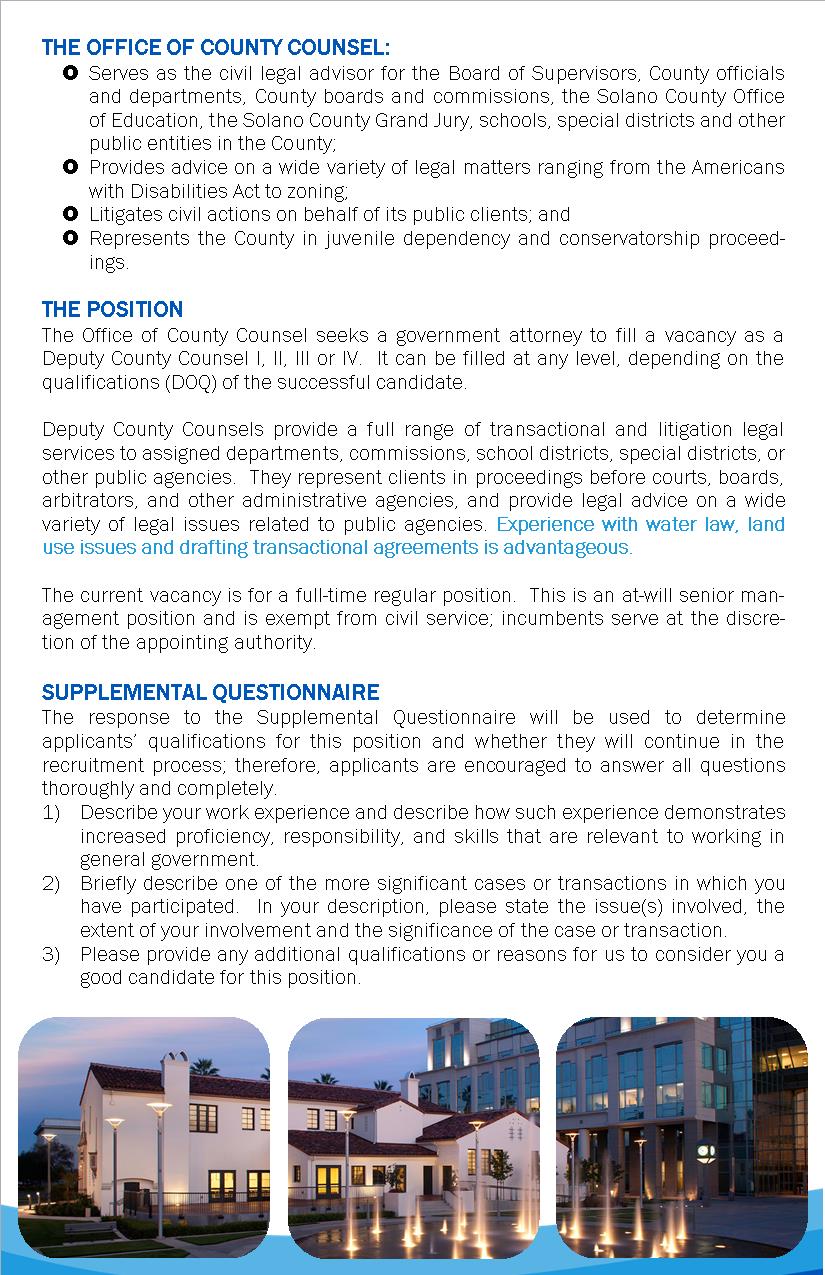 Job Announcement: Deputy County Counsel I-IV (DOQ) - County of Solano