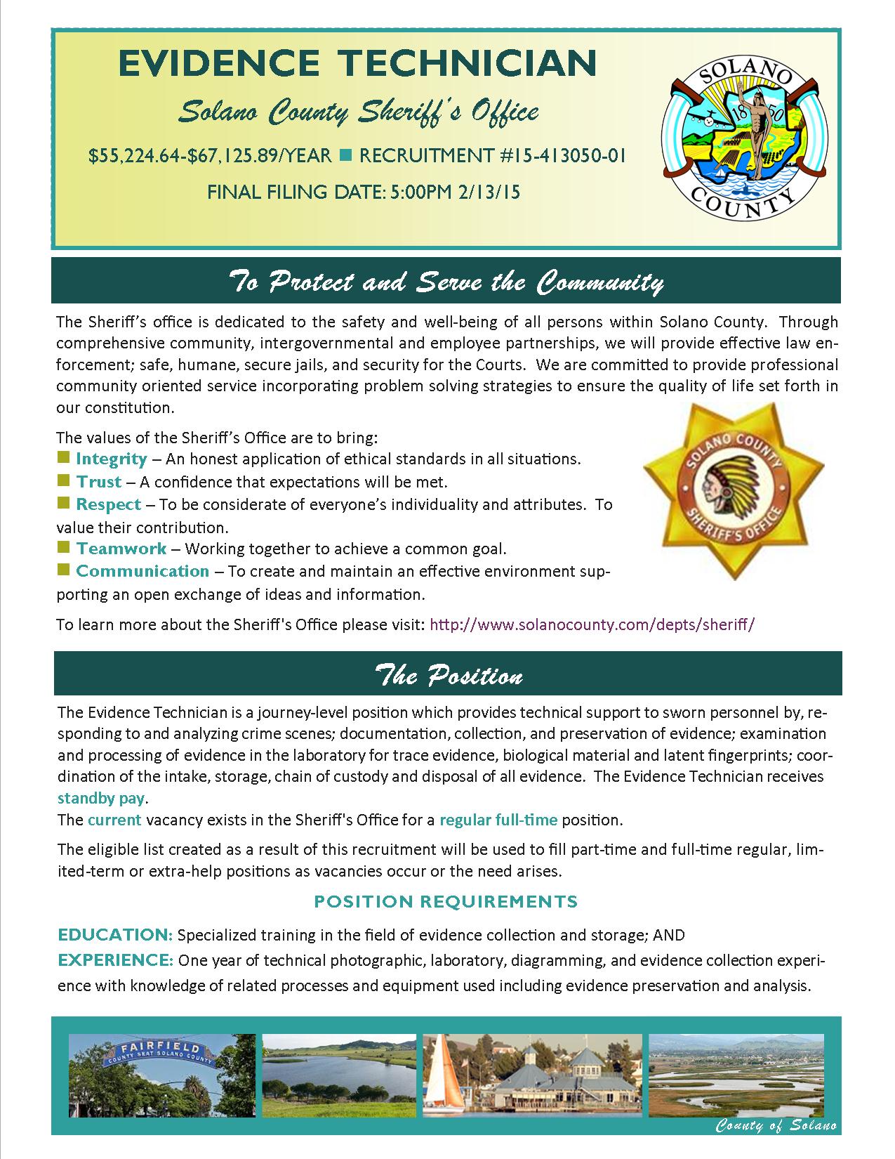 Job Announcement: Evidence Technician - County of Solano