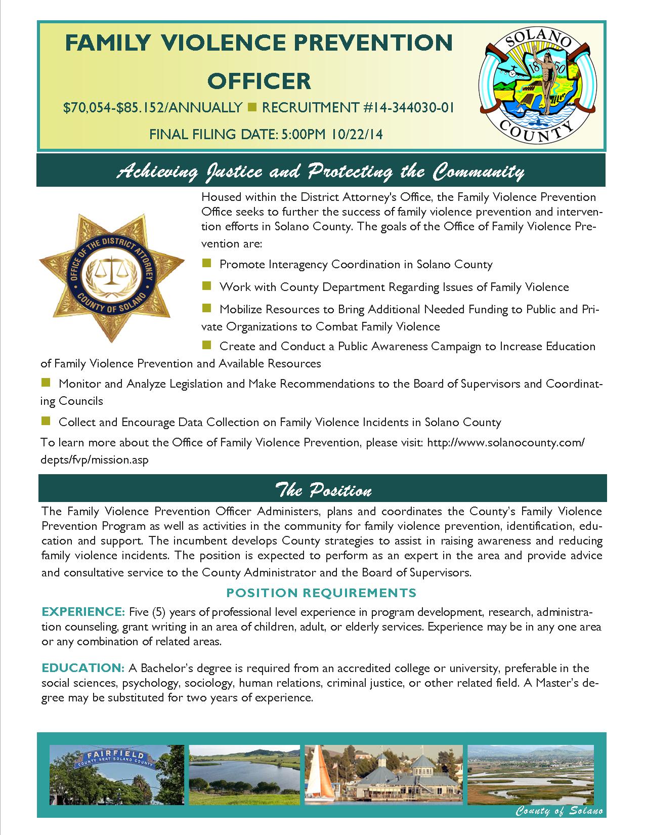 Job Announcement: Family Violence Prevention Officer - County of Solano