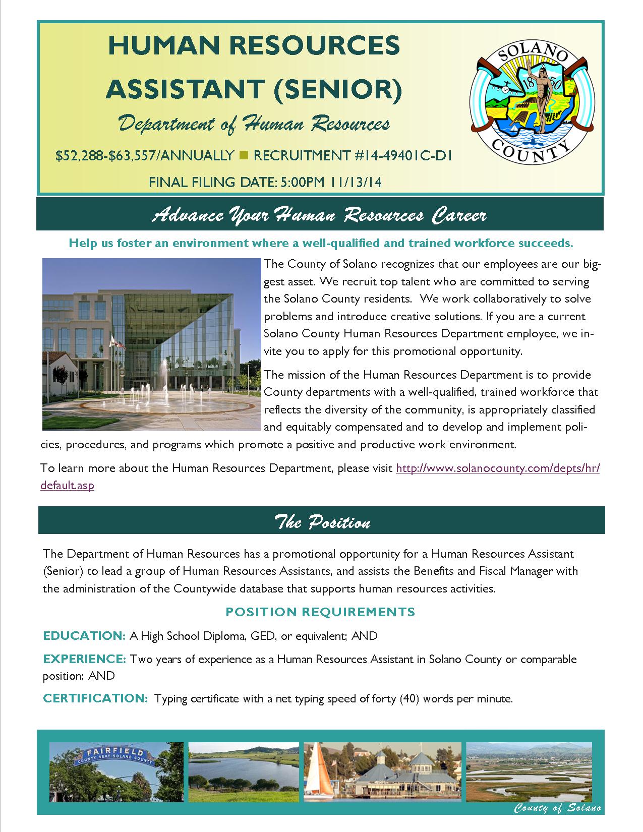 Job Announcement: Human Resources Assistant (Senior) - County of Solano