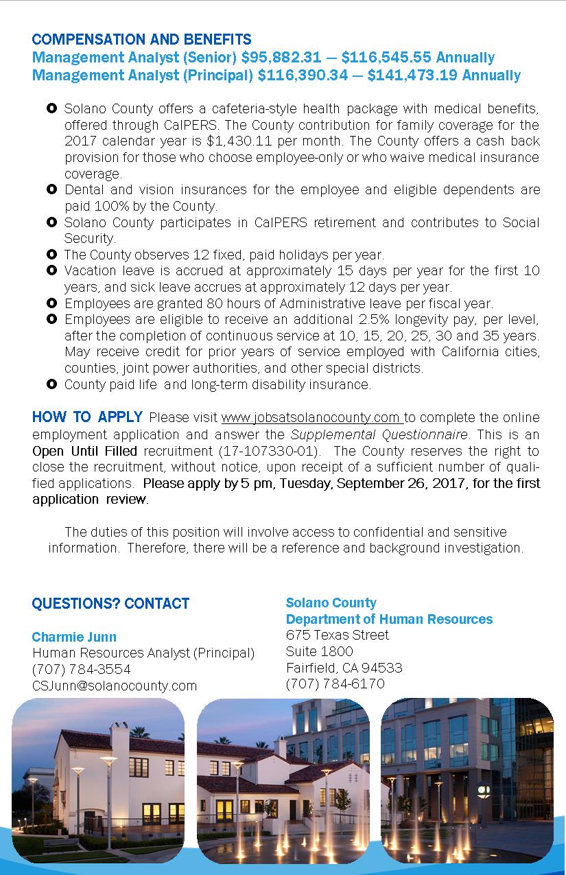 Job Announcement: Management Analyst Senior/Principal (DOQ) - County of  Solano